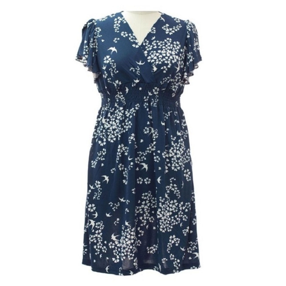 Women's Summer Floral Blue Dress Flutter Sleeve Surplice Neck, S-XL